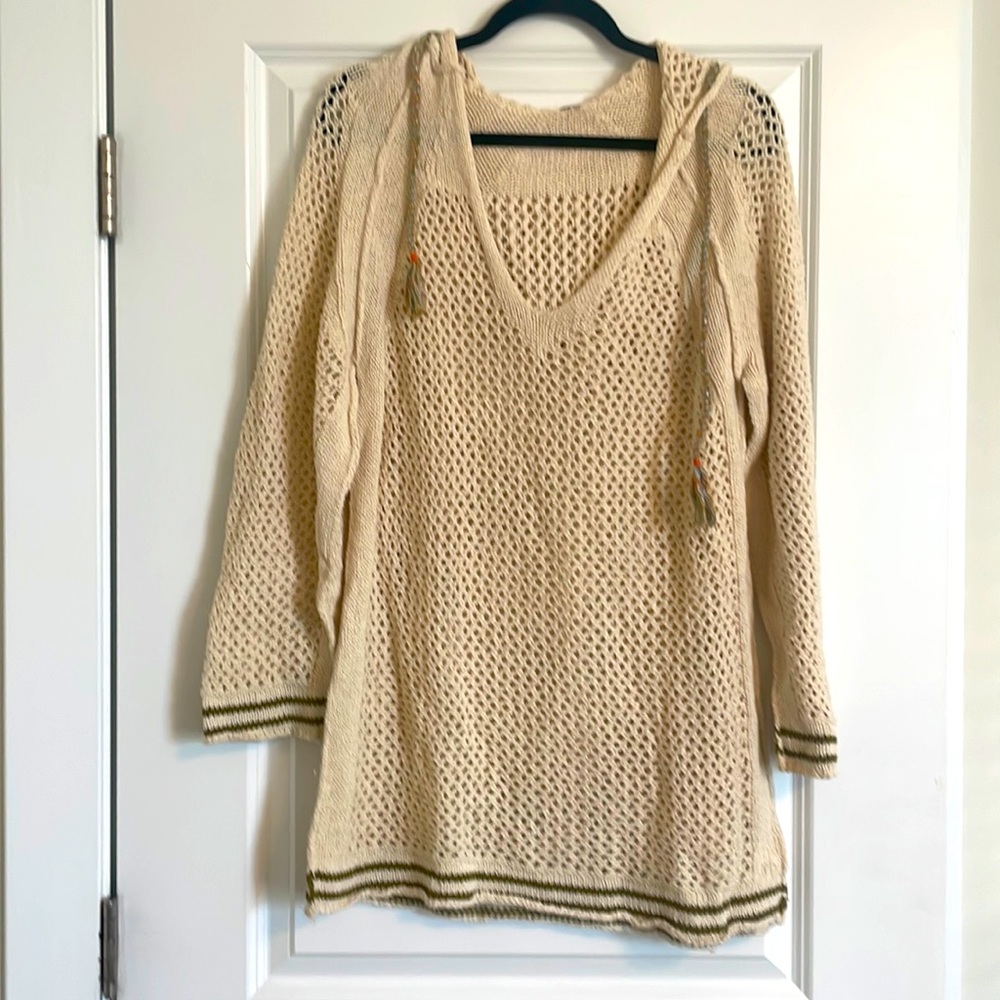 Free People Crochet V-Neck Sweater With Hood - Size M